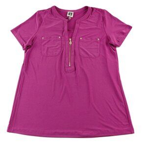 Anne Klein Quarter Zip Short Sleeve Blouse Women's Small Cerise Pink Stretch